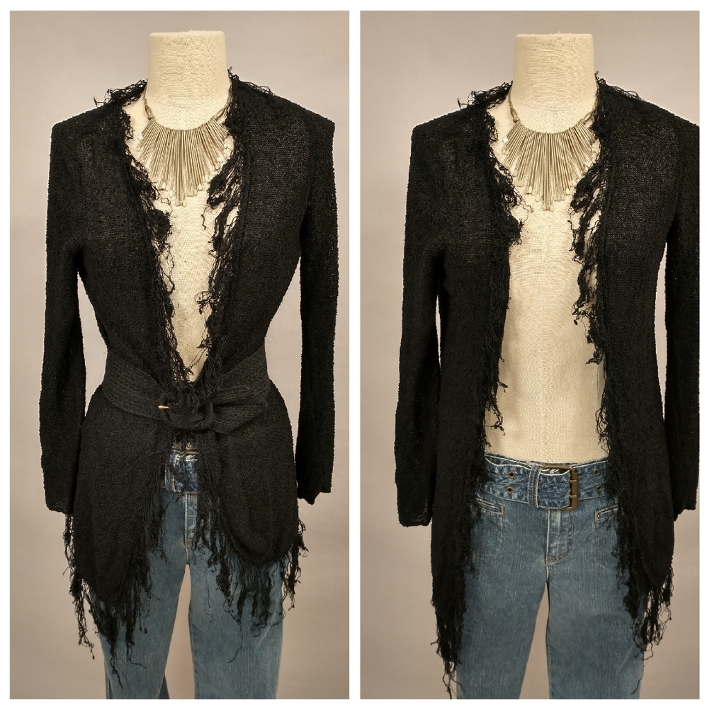 Black Rag Fringe Light Cardigan Sweater Fun Elvira Witchy Goth Look 4 Halloween